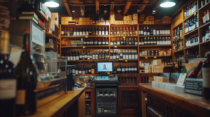In an elegant wine shop, there is a modern cash register on the counter. In the background, shelves filled with bottles of wine, carefully arranged by region and vintage.