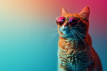 Illustration of orange cat wearing sunglasses standing on blue background