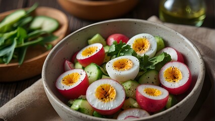Pretty summer salad in a bowl on the table with cooked eggs, radishes, green onions, and cucumber, accompanied by toasted bread. top horizontal view from above