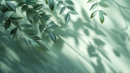 Soft shadows of leaves on a light teal wall create a serene, nature-inspired background perfect for various design projects and creative uses.