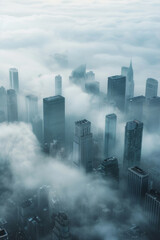 Aerial view of a cityscape partially covered in fog, with only the tops of buildings visible. Focus on the contrast between the sharp edges of the architecture and the soft, diffused fog.