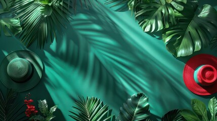 Tropical leaves and hats casting shadows on green fabric, creating a summery, tranquil ambiance. Perfect for background and design elements.