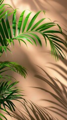 Tropical green palm leaves casting shadows on a beige wall. Natural light and organic shapes creating a serene and calming atmosphere.