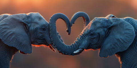 Two elephants facing each other with trunks intertwined in a heart shape, sunset background, symbolizing love and gentleness of nature. © BoOm