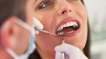 Fototapeta premium A man lies in a dentist's chair while the dentist, wearing a mask and gloves, carefully examines his teeth using a mirror and a probe.
