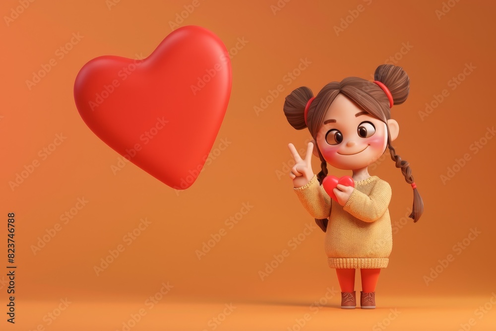 Poster a girl with pigtails and a heart in the air