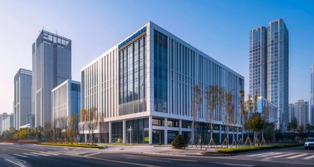 A rectangular office building with glass curtain walls, white metal exterior panels and blue accents stands on the city street