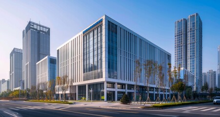 A rectangular office building with glass curtain walls, white metal exterior panels and blue...
