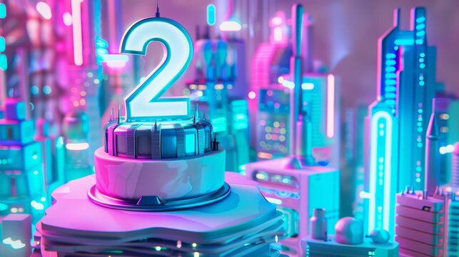 Futuristic Second Birthday Cake with Metallic Silver Number 2 and Neon Lit Cityscape Background for High Tech Party Theme