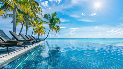 Beautiful view of an resort hotel outdoor swimming pool with beach view, summer concept