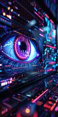 A close-up of a futuristic digital eye symbolizing artificial intelligence, technology, and cyber security with neon lights and circuits.