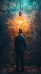Obraz premium A man in a suit stands alone in a dark, grungy room, illuminated only by a single hanging lightbulb, creating a mysterious atmosphere.