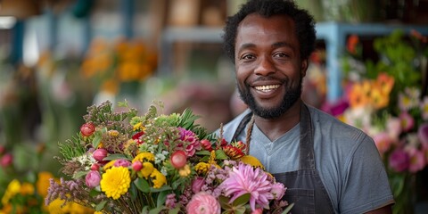 Fototapeta premium Smiling florist arranging colorful bouquet in small flower shop, cheerful and happy in workplace