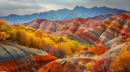 a scene of fold mountains covered in a patchwork of autumn colors