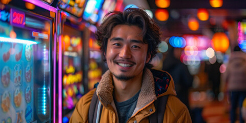 Obraz premium A young man sits at a casino slot machine, eyes shining with excitement, enjoying the thrill of gambling