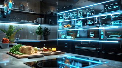 A holographic food recipe projected above a kitchen counter, glowing lines, 3D rendering, futuristic