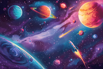 Epic outer space birthday background with planets, stars, and galaxies.