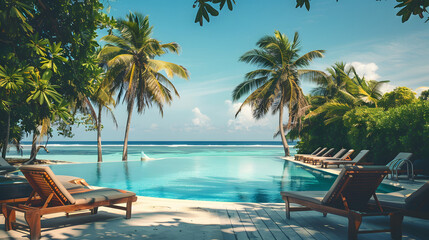 Fototapeta premium Beautiful view of an resort hotel outdoor swimming pool with beach view, summer concept
