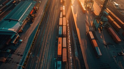 Aerial view of a cargo train yard with trains and containers at sunset, a landscape