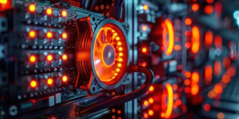 Close-up of red LED-lit computer server components and cooling fan in data center, showcasing advanced technology and hardware infrastructure.