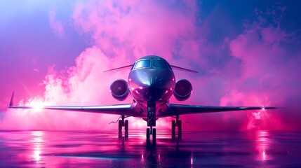A commercial jet is parked on run way and lit by pink light with a smoke on a background