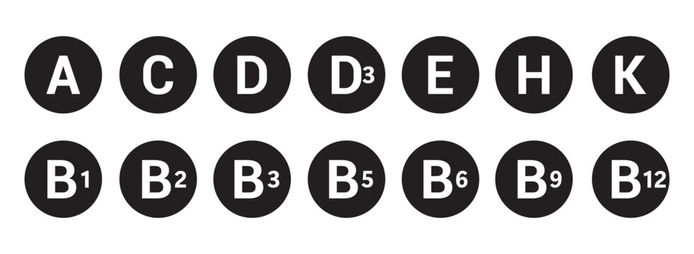 Set of different vitamin black vector icon. Isolated on white background