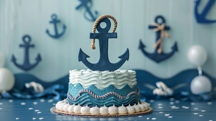 Nautical Themed First Birthday Cake with Navy Blue Number 1 and Anchor Decorations Against Sea Blue Backdrop © spyrakot