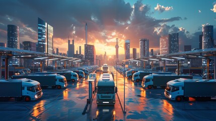 Sustainable Logistics: Electric Vehicle Fleet Charging at Solar Powered Station During Sunset, City Skyline Background