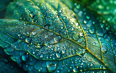 Close-up of dew drops on a vibrant green leaf.
