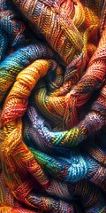 Close-up of colorful yarn twisted together in a intricate pattern.