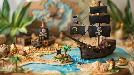 Pirate Adventure Themed Second Birthday Cake with Bold Number 2 on High Seas Map Background