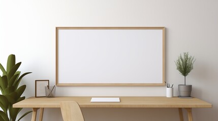 A white empty blank frame mockup placed on a wooden desk in a home office, with a laptop and stationery.