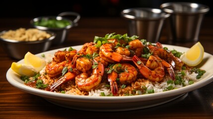 A plate of shrimp and rice featuring Cajun