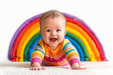 In the colorful nursery, a cute baby boy sits surrounded by toys, exploring with joy and innocence.