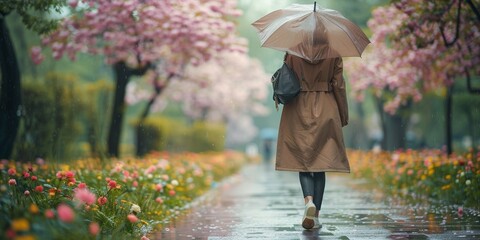 A young woman walks through the rainy city, her umbrella adding beauty to the spring scenery.