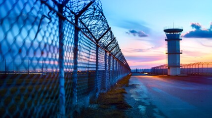 American South Border Fence with Watchtower, Border Patrol Concept, Security Fence, Road Between Border, Surveillance Tower, U.S. Border Control