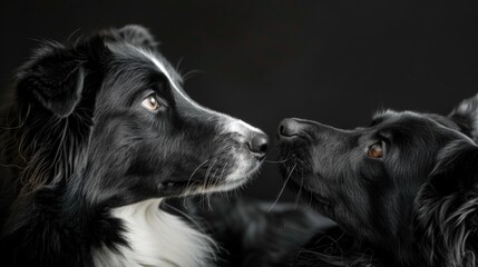 Dog Black And White. Lovely Portrait of Adorable Pet Border Collie in Magic Light Friendship with...