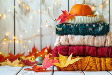 Holiday Sweaters. Knitted Sweaters Stack with Autumn Leaves and Glowing Stars on White Wooden Background