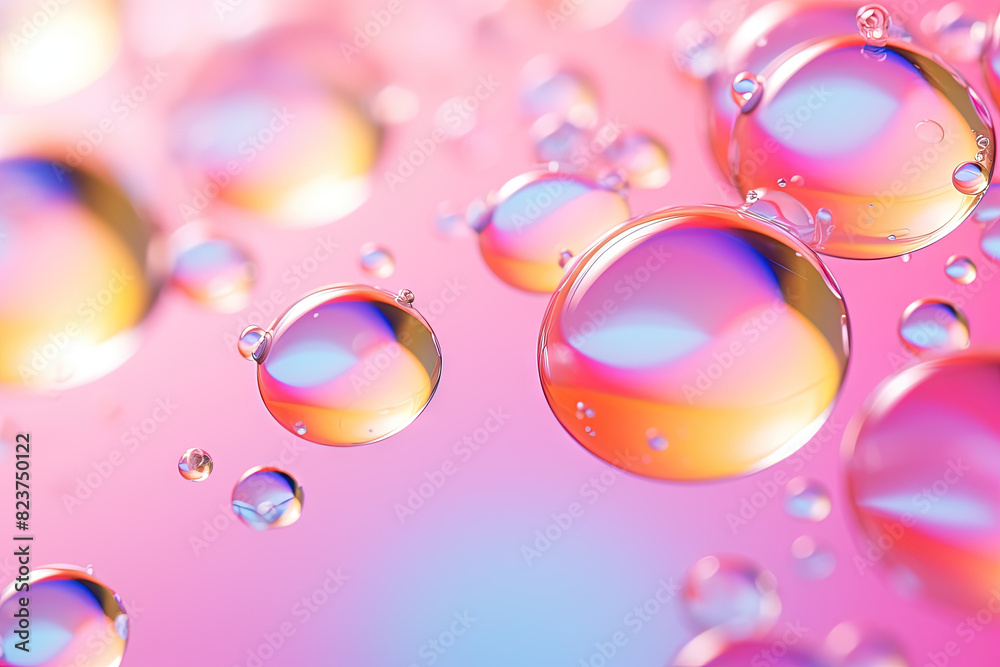 Poster pink holographic bubbles floating on the soft colorful abstract background in beautiful vivid tones.