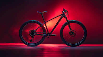 thick sleek black MTB bike, commercial product studio photography, red lights, professional bicycle for mountain sports
