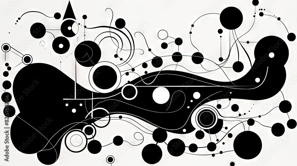 Poster geometric abstract background with black dots, circles and lines.
