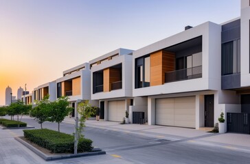 A row of modern townhouses with white walls and wooden accents, set against the backdrop of an urban landscape