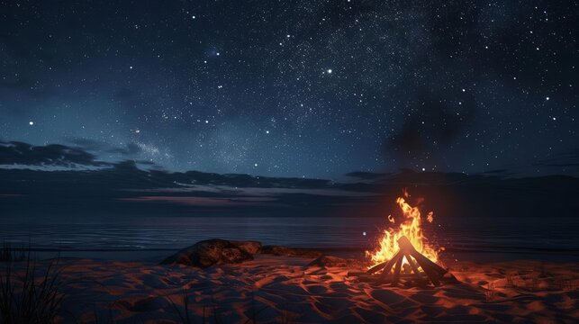 A beautiful summer night. The stars are out in full force and the waves are gently lapping at the shore. A bonfire burns on the beach, casting a warm glow over the scene.