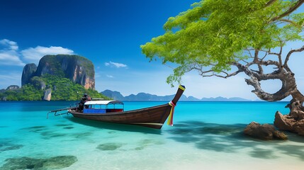 Thailand beach landscape tropical background. Asia ocean nature and wooden boat