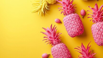 Fototapeta premium A yellow background with pink and yellow pineapples on it