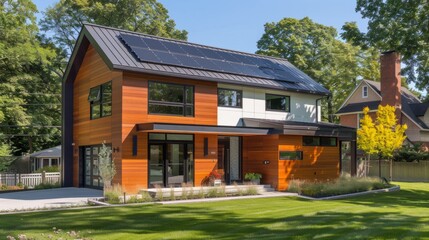 Naklejka premium Suburban house with a modern and minimalist design, characterized by clean lines, geometric shapes and open spaces. generative ai