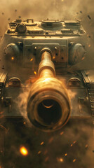 Portrait of World War 2 tank battle, looking straight down the gun barrel of a German Tiger tank as it's firing a shell, illustration