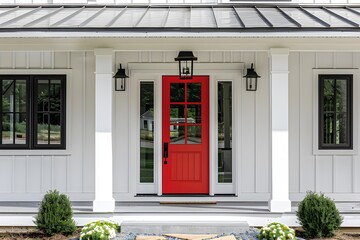 White modern farmhouse with a red front door, black light fixtures, and a covered porch adorned with white pillars captured in close detail