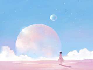 A portrait of a girl looking towards the giant moon in the desert, Pastel Color