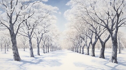 Winter Snow Trees, Park Road Perspective, White Alley Tree Rows convergence
